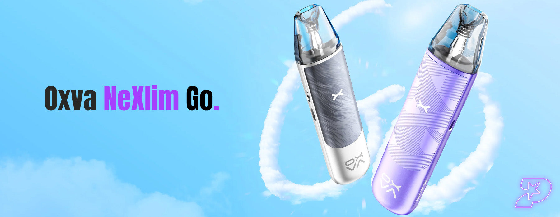 Two Oxva NeXlim Go vape devices on a blue background with a cloud design.